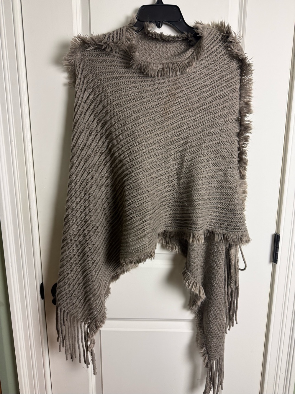 chic Taupe Fringed Knit Poncho